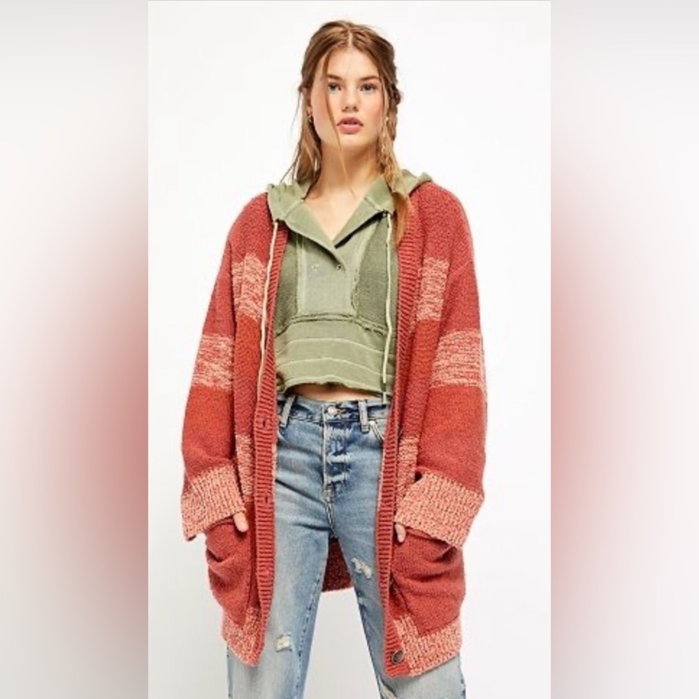 NWT Free People Distressed Oversized Southport Beach Colorblock Blushes Cardigan